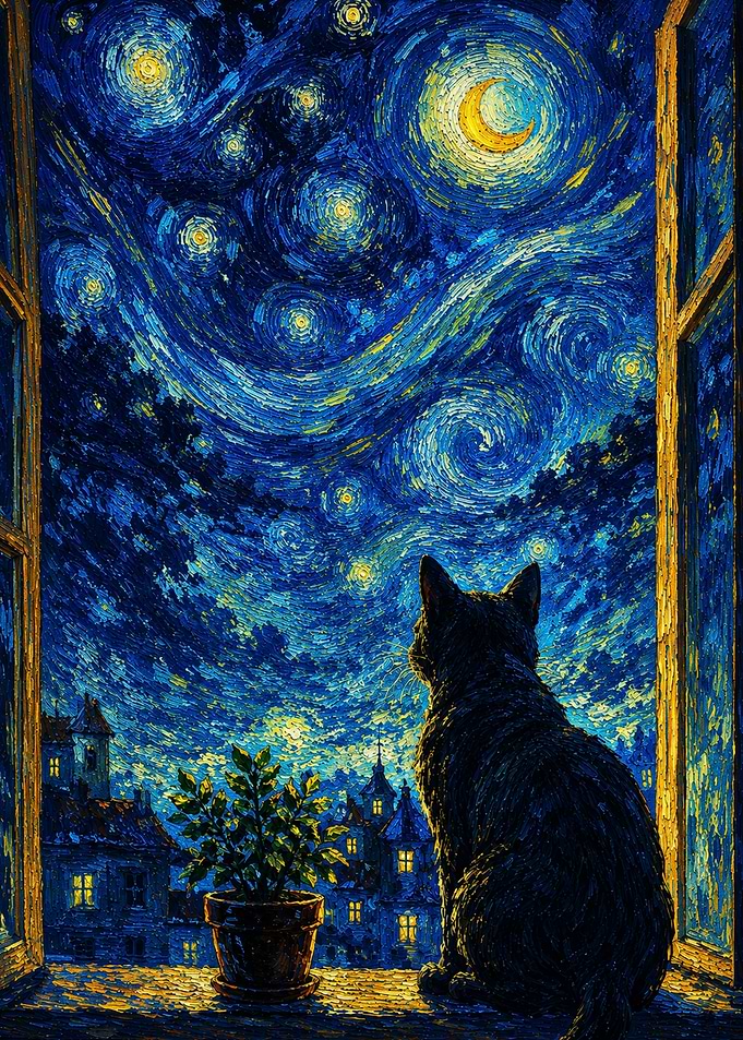 Cat Gazing at Starry Night Sky