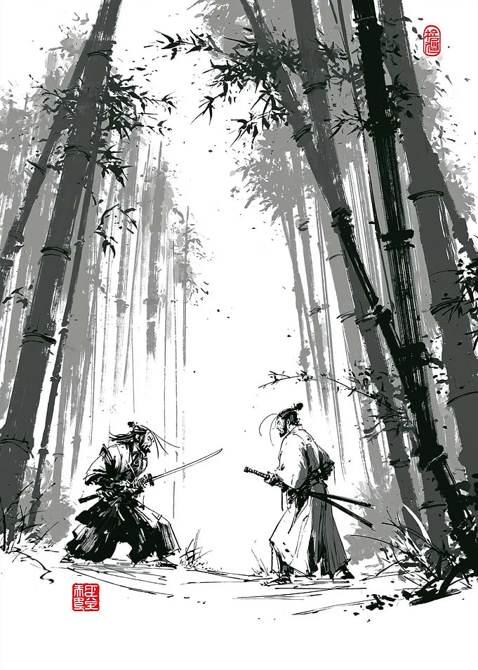 Samurai duel in a bamboo forest