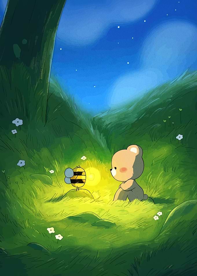 Cute Bear and Bee in a Magical Forest