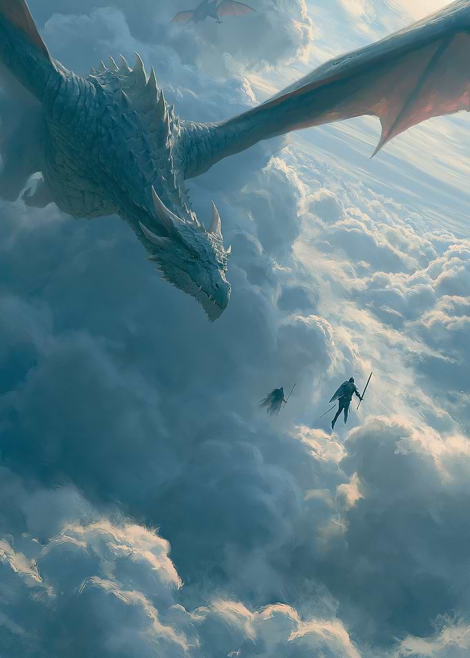 Dragon and knights in the clouds