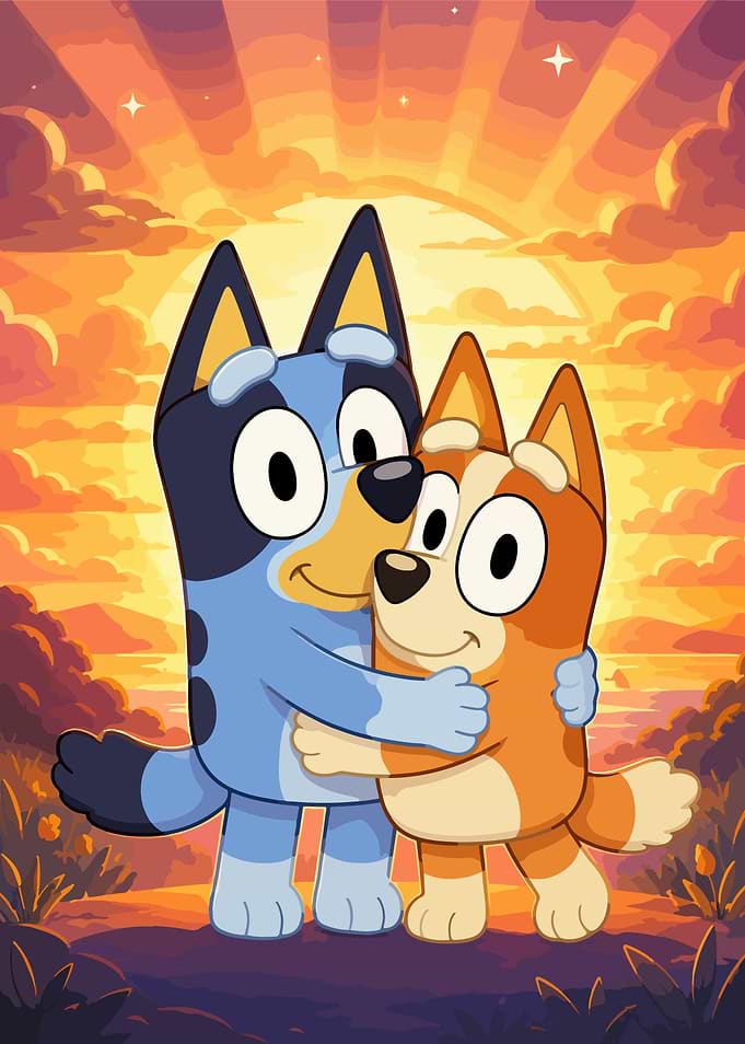 Bluey and Bingo hugging at sunset