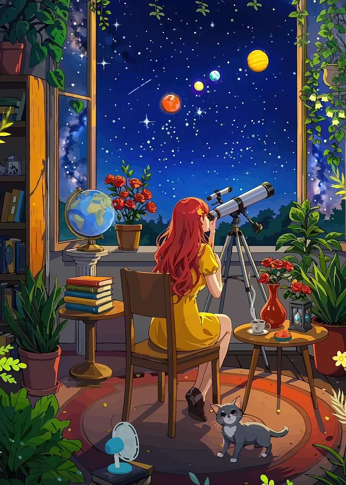 Girl stargazing with telescope