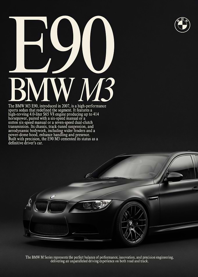 sleek BMW M3 E90 Matte Black car poster