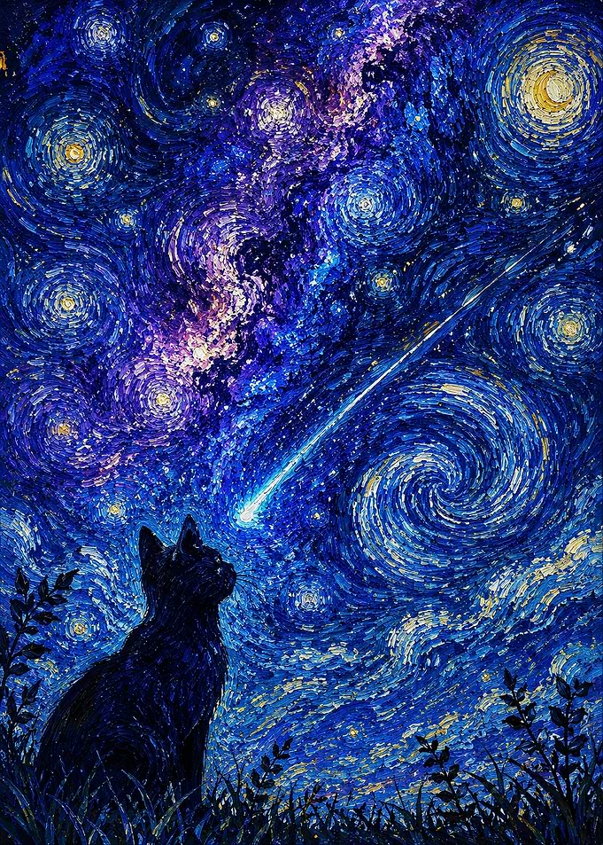 Black Cat Watching a Shooting Star