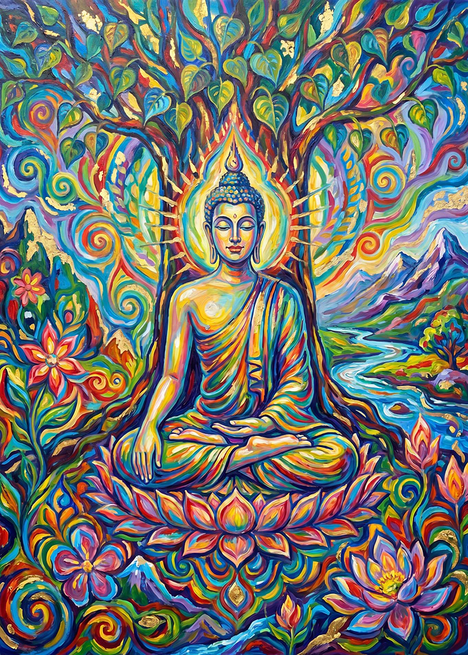 Buddha meditating under a vibrant tree