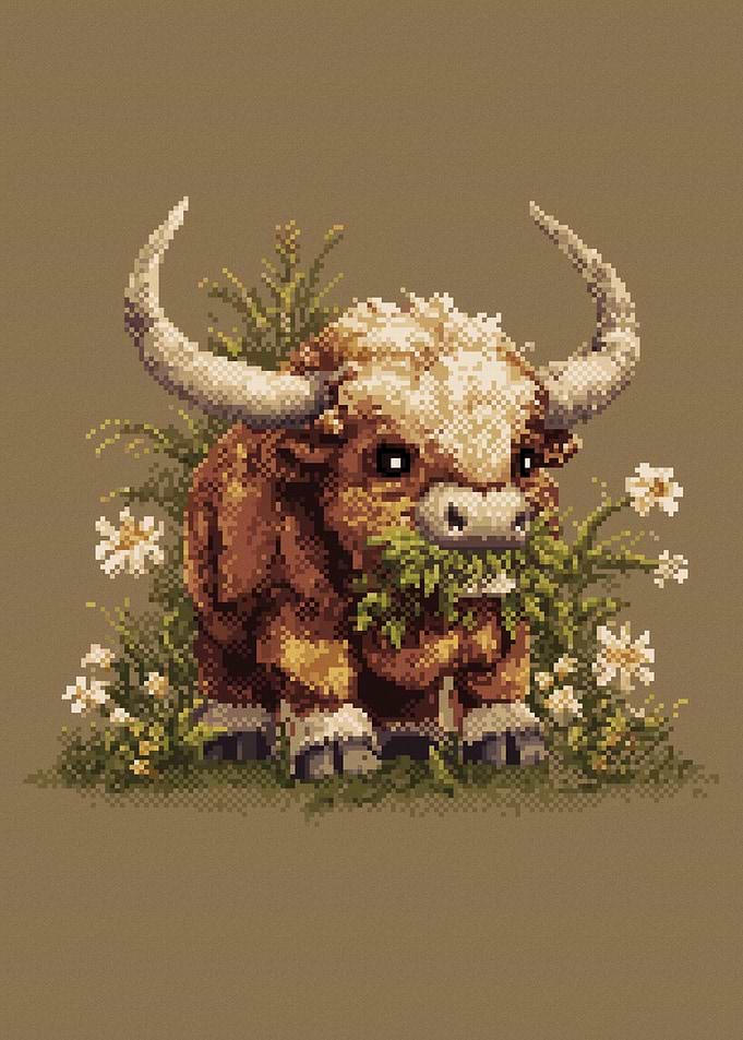 Cute Pixel Art Bull Eating Grass