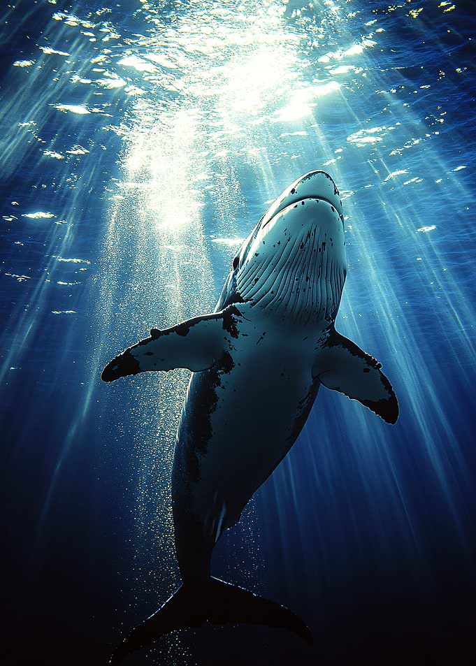 Whale swimming towards the sun