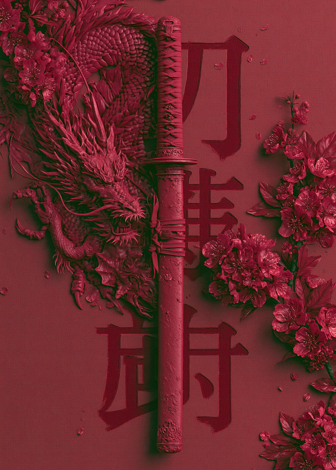 Dragon and Katana with Cherry Blossoms