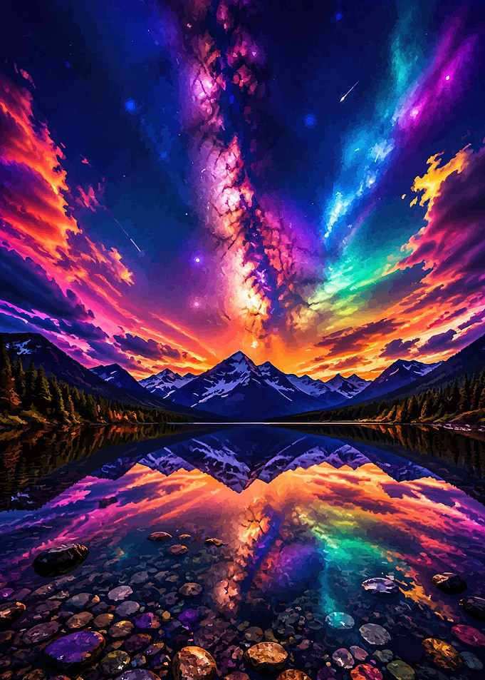 Vibrant Cosmic Mountain Lake Reflection