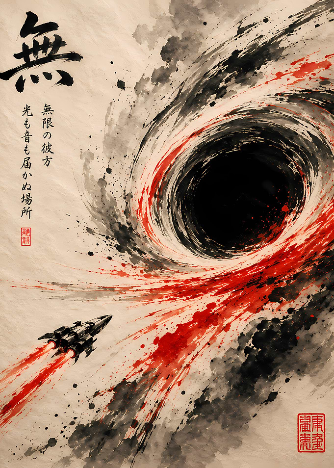 Black Hole and Spaceship in Sumi-e Style