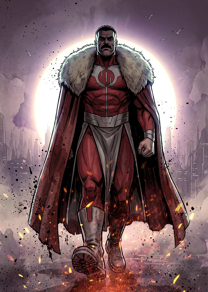 Omni-Man Walking Through City Ruins