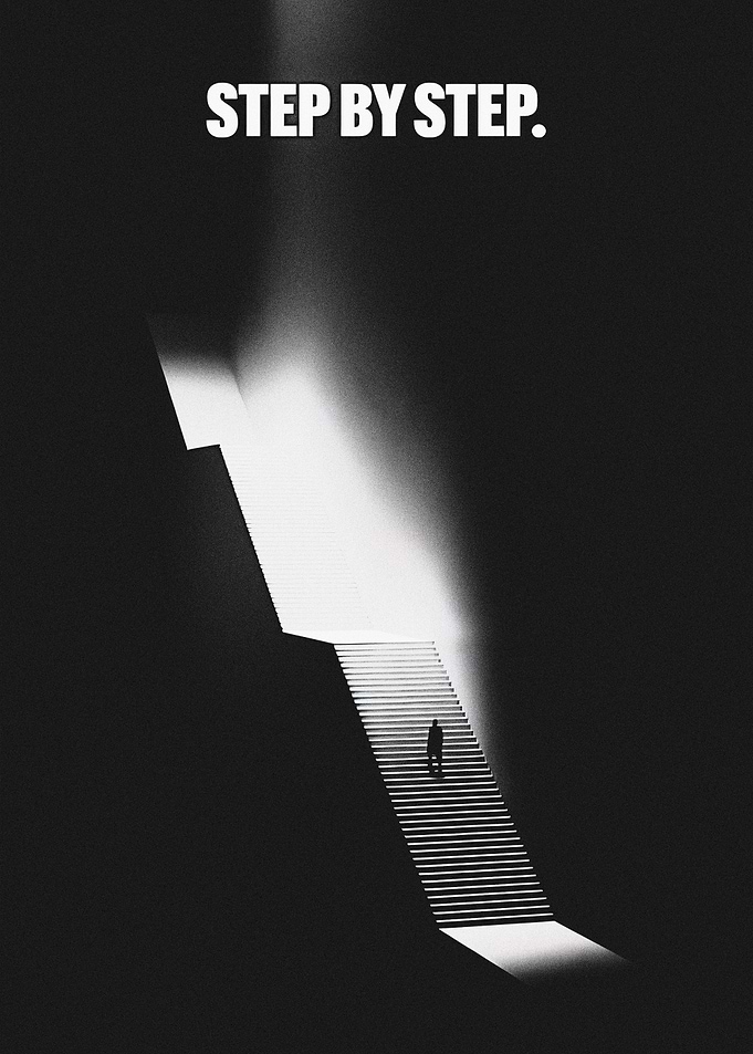 Man climbing stairs towards light