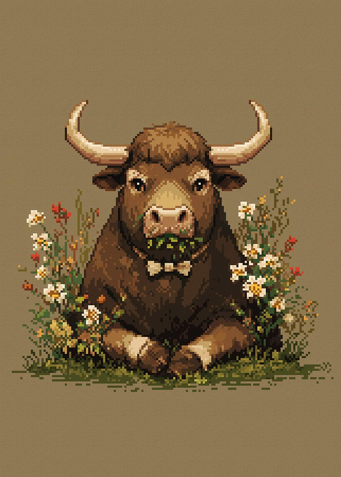 Pixel Art Bull with Flowers