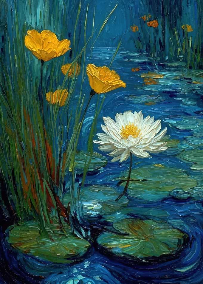 Impressionist Water Lilies and Poppies