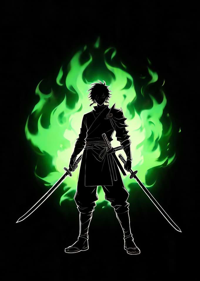 Ninja Silhouette with Green Flames
