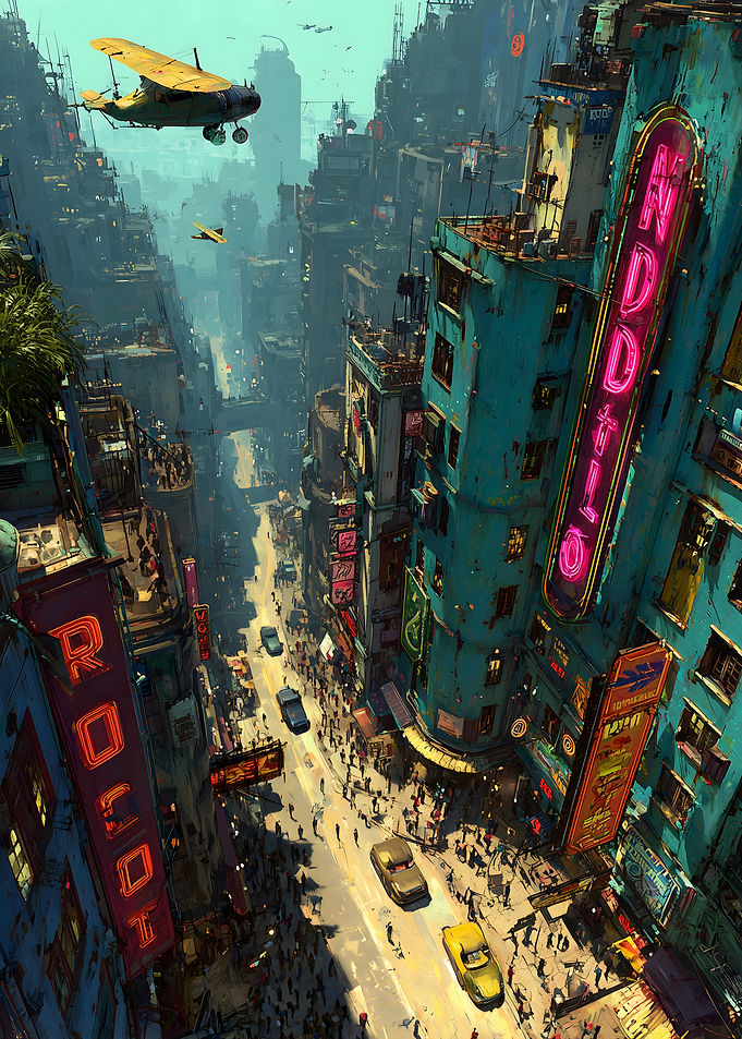 Cyberpunk Cityscape with Airplanes