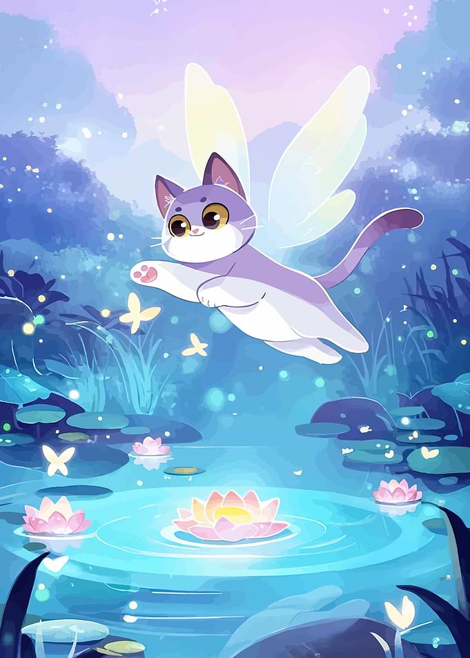 Fairy Cat Over Lily Pond