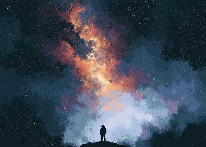 Astronaut gazing at a vibrant nebula