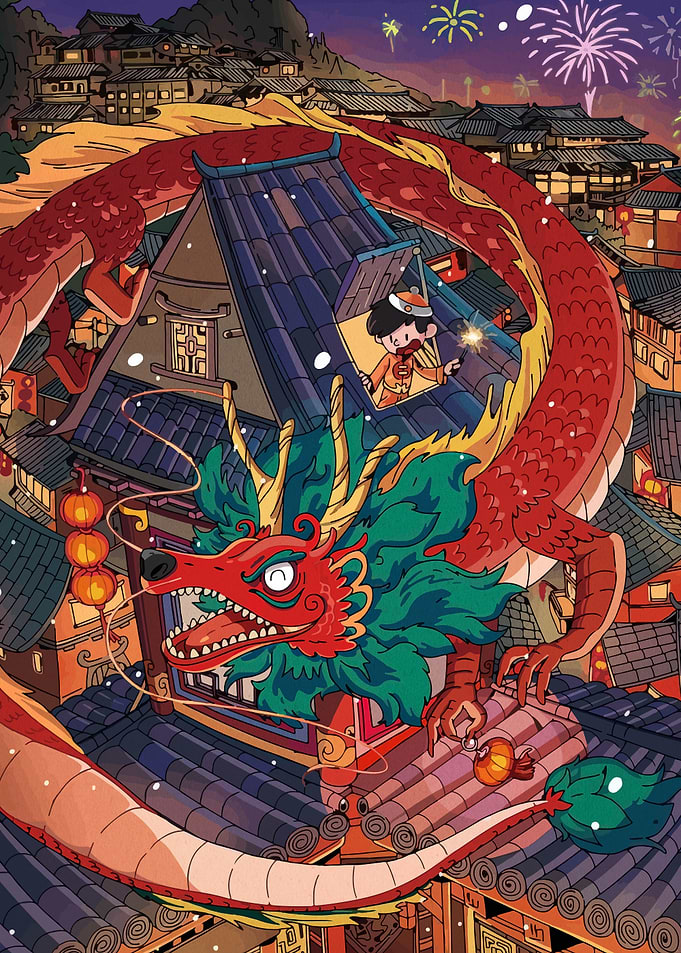 Dragon Over Traditional Chinese Town