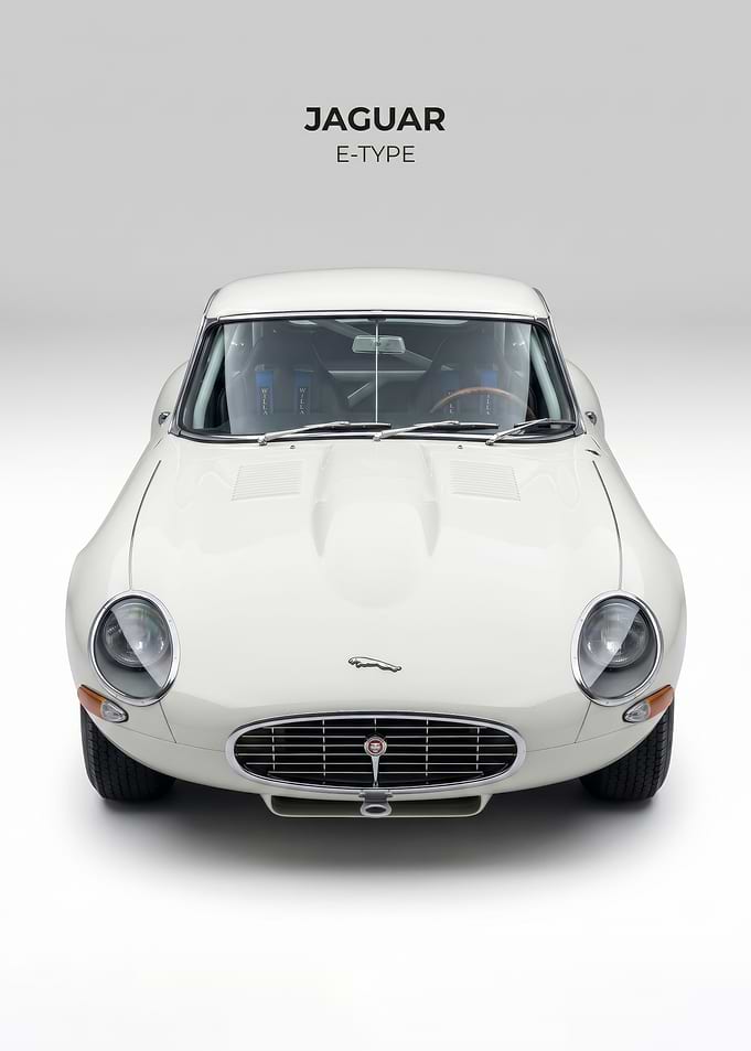 sleek white classic olf Jag E-Type Front car poster