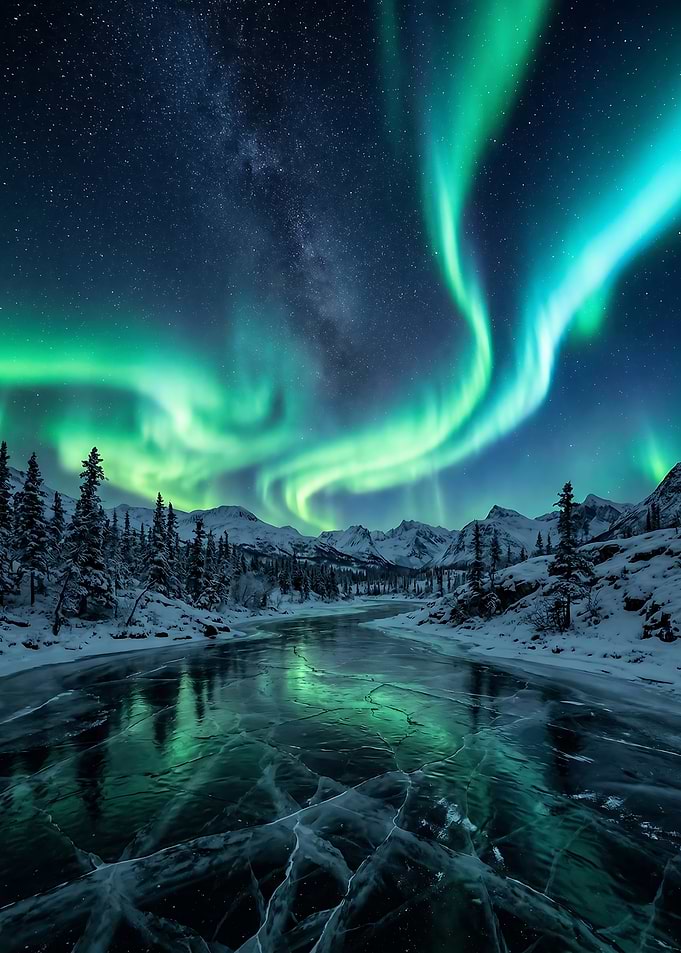 Aurora Borealis over Frozen Landscape