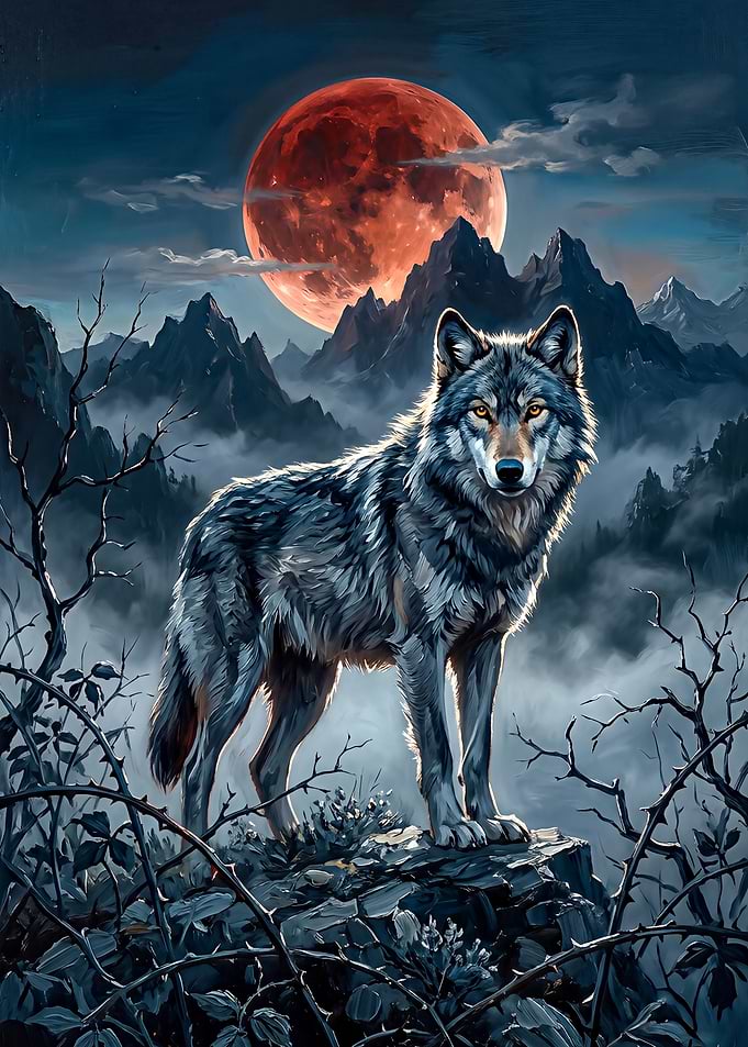 Wolf under a Blood Moon in Misty Mountains