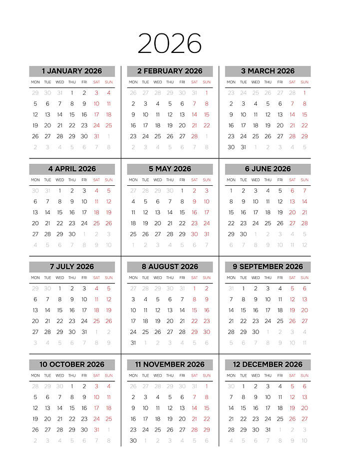 2026 Calendar Grid