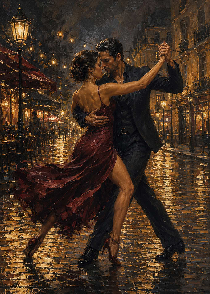 Couple dancing tango in a city at night