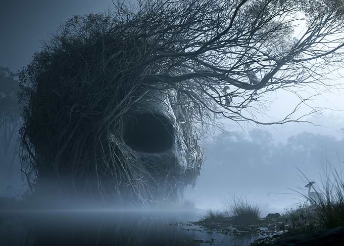 Haunted Tree Skull in Foggy Forest