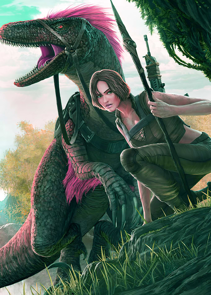 Woman and Raptor in a Lush Environment