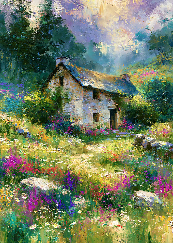 Impressionistic Cottage in a Wildflower Meadow