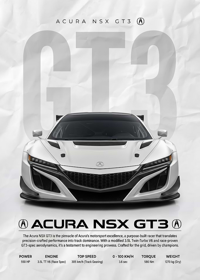 sleek white Acura NSX GT3 Race Car poster