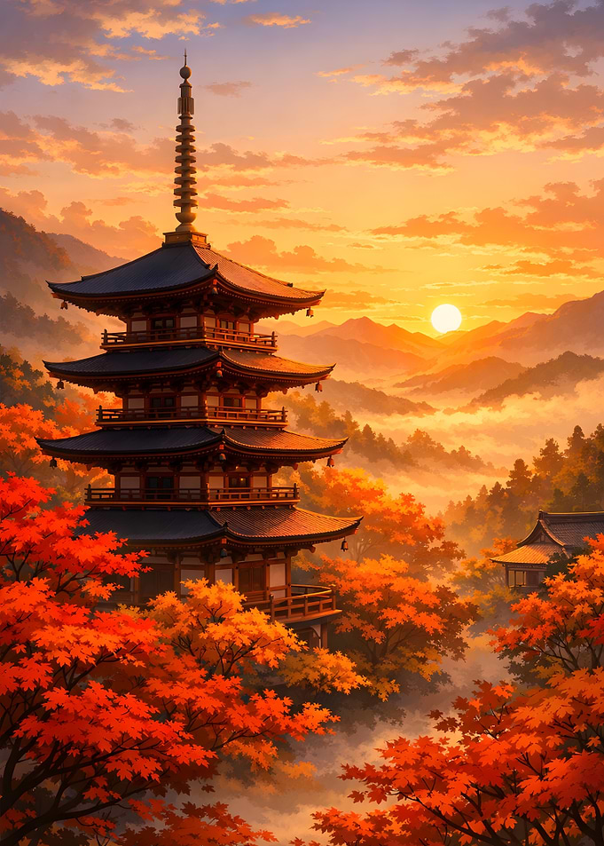 Japanese Pagoda at Sunset