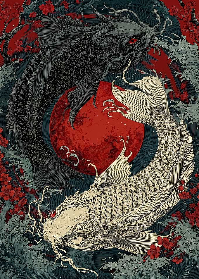 Yin Yang Koi Fish with Red Sun