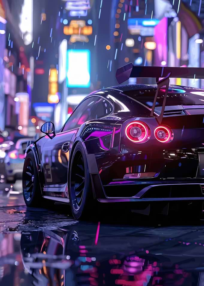 sleek Cyberpunk gtr 35 Car in Neon City Rain