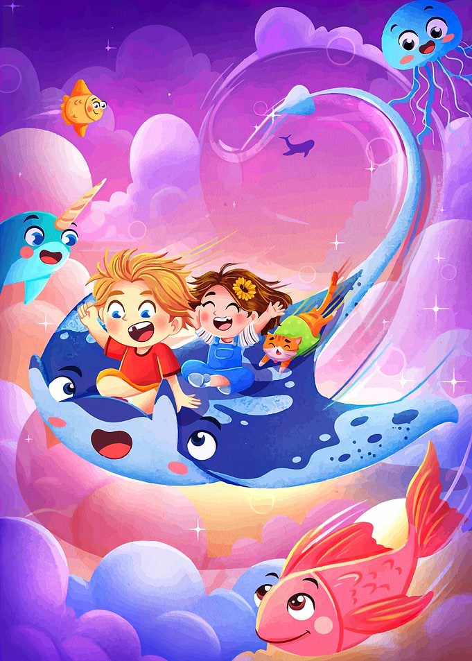 Children Riding a Stingray Through Clouds