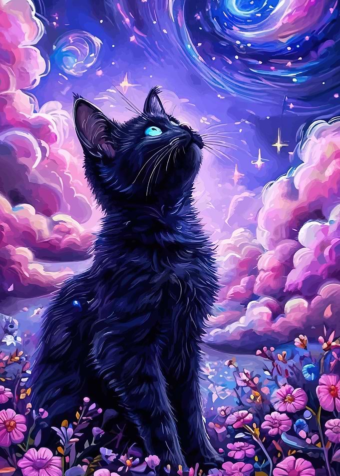 Black Cat in a Cosmic Dreamscape