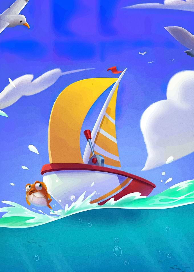 Sailing Boat with Fish and Seagulls