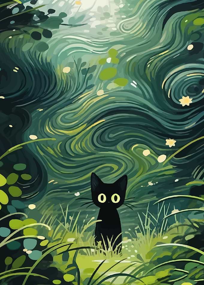 Black Cat in a Lush Forest