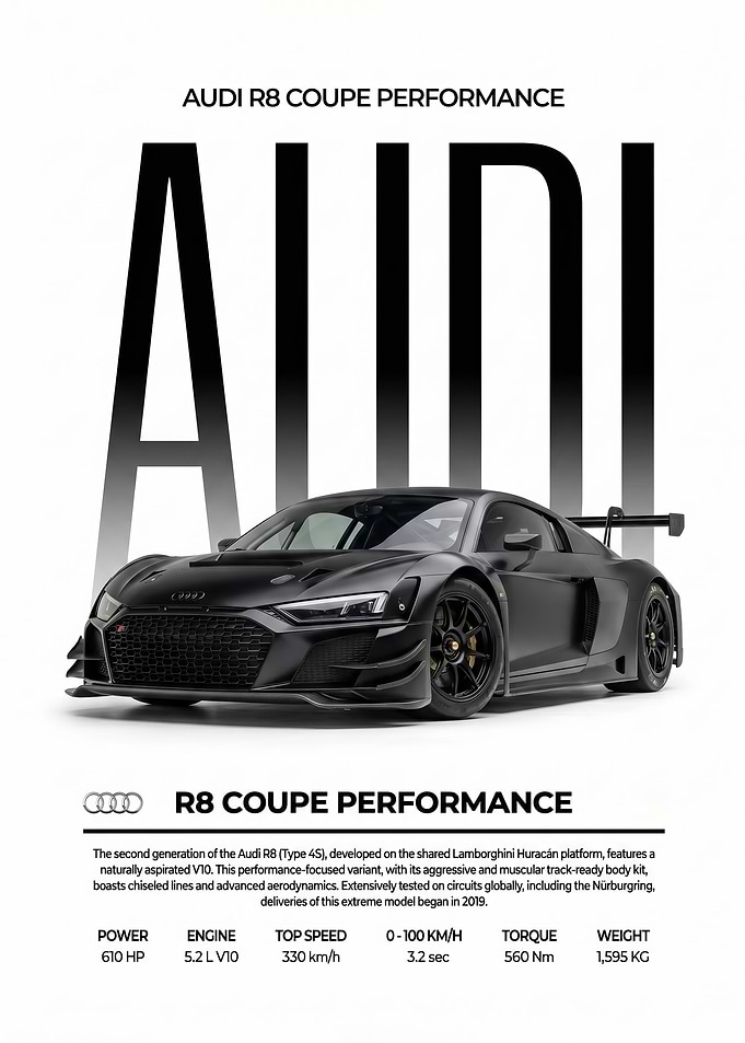 sleek black Audi R8 gt race Car poster