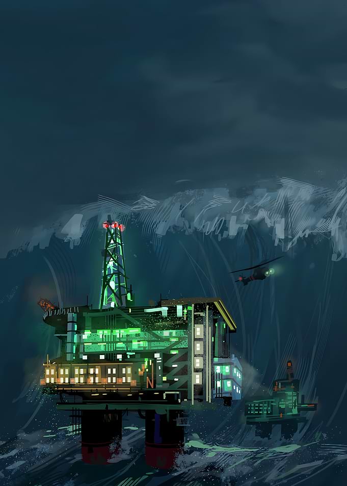 Oil Rig in Stormy Seas