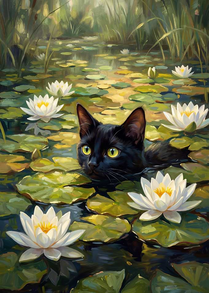 Black Cat in a Lily Pond