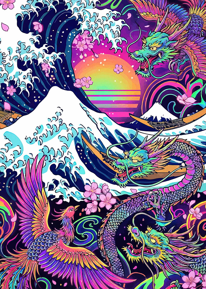 Japanese Dragons and Phoenix with Mount Fuji