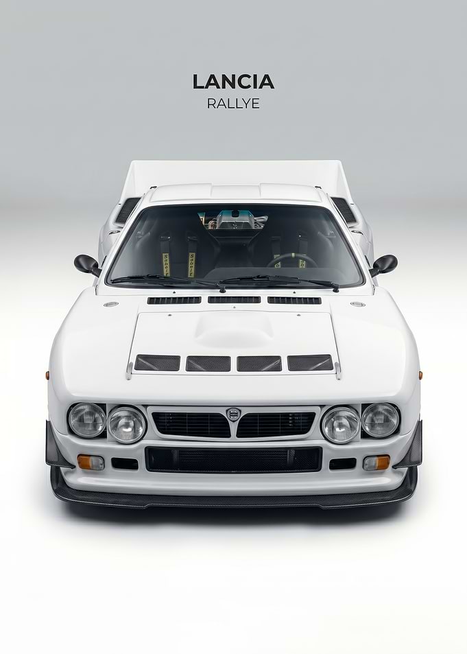 sleek white Lancia Rallye Car poster