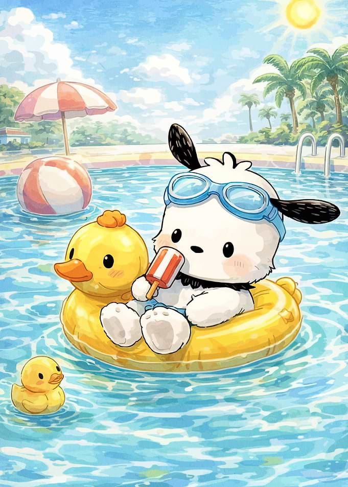 Pochacco Enjoying a Popsicle in the Pool