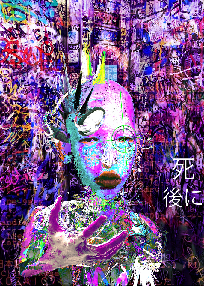 Cyberpunk Figure with Graffiti Background