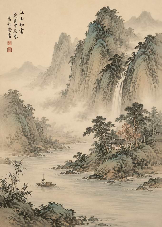Misty Mountain Landscape with Waterfall and Boat