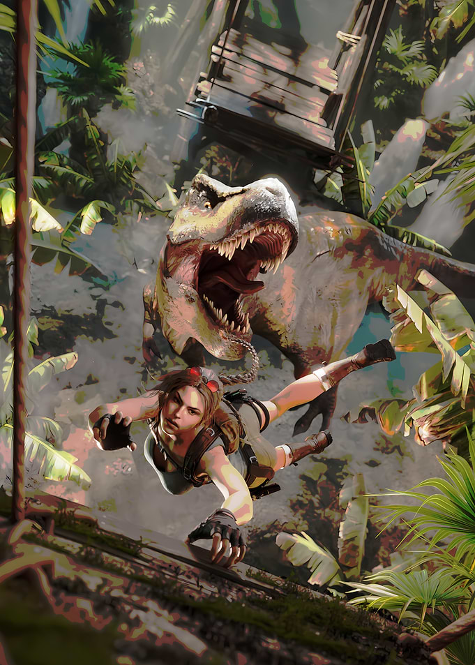 Lara Croft escaping a T-Rex