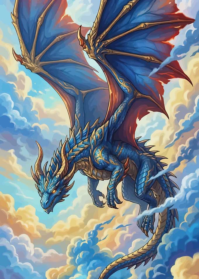 Blue Dragon Flying Through Clouds