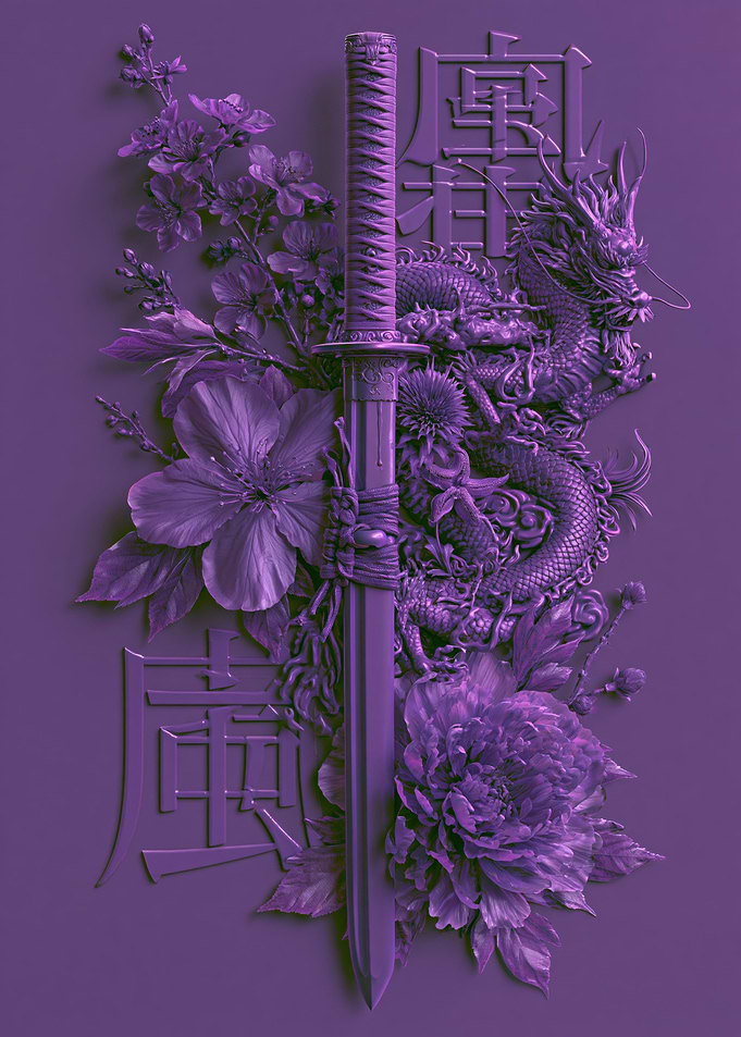 Samurai Sword with Dragon and Flowers